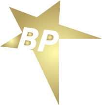 star shaped logo with initials BP
