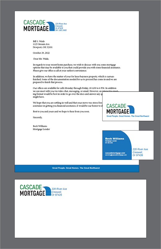 Cascade mortgage logo on a letter, envelope, and buisness card. The logo is cascade text stacked on top of mortgage with an icon on the right resembeling a waterfall