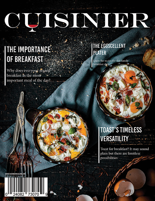 Cuisinier is text going across the top of the cover, under it is article headlines and an image of 2 plates of an egg dish, barcode in the bottom left