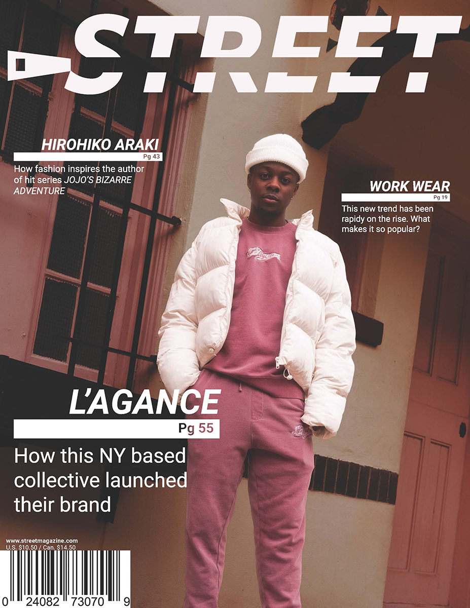 Street logo going across the top of the cover, under it is a photo of a man wearing a sweat suit and puffy jacket surrounded by article headlines,barcode in the bottom left